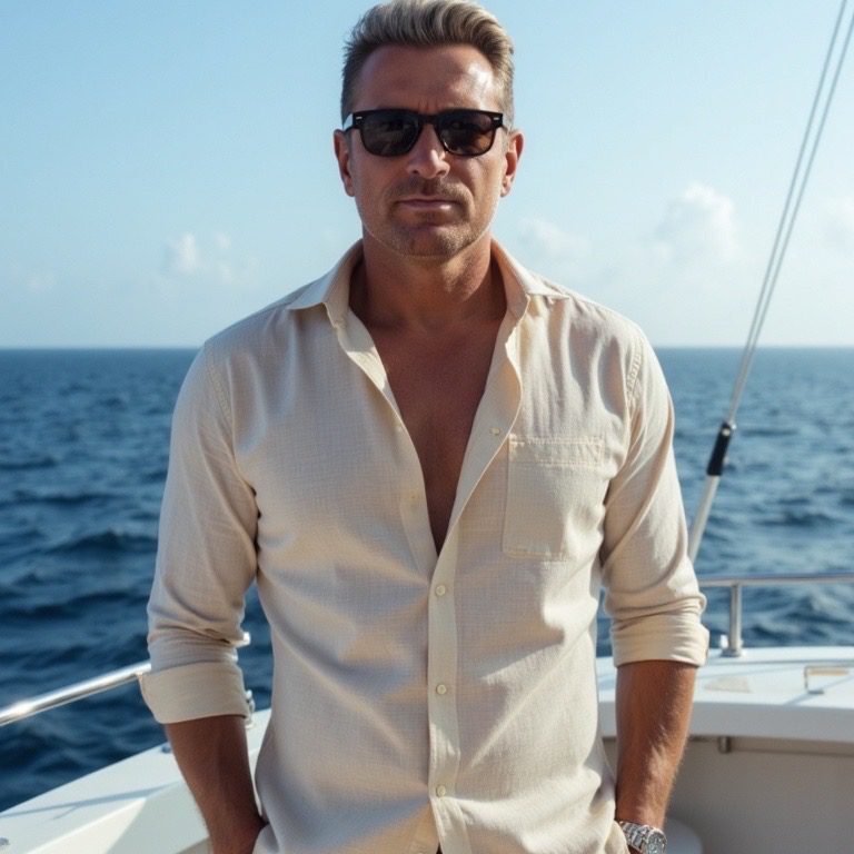 Man in sunglasses on a boat, ocean in background.